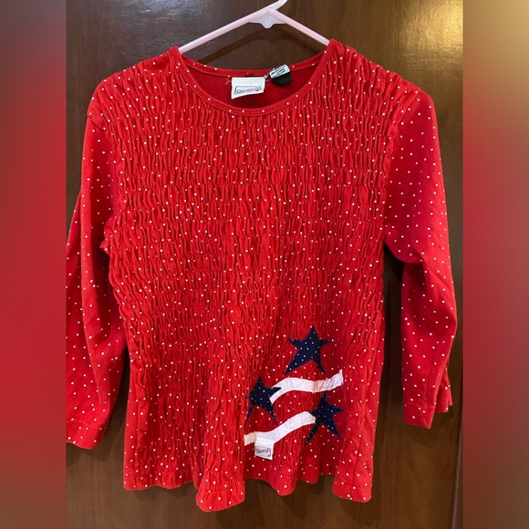 Everly Tops - Everly Red Smocked Long-Sleeve Top with Star & Flag Appliqué